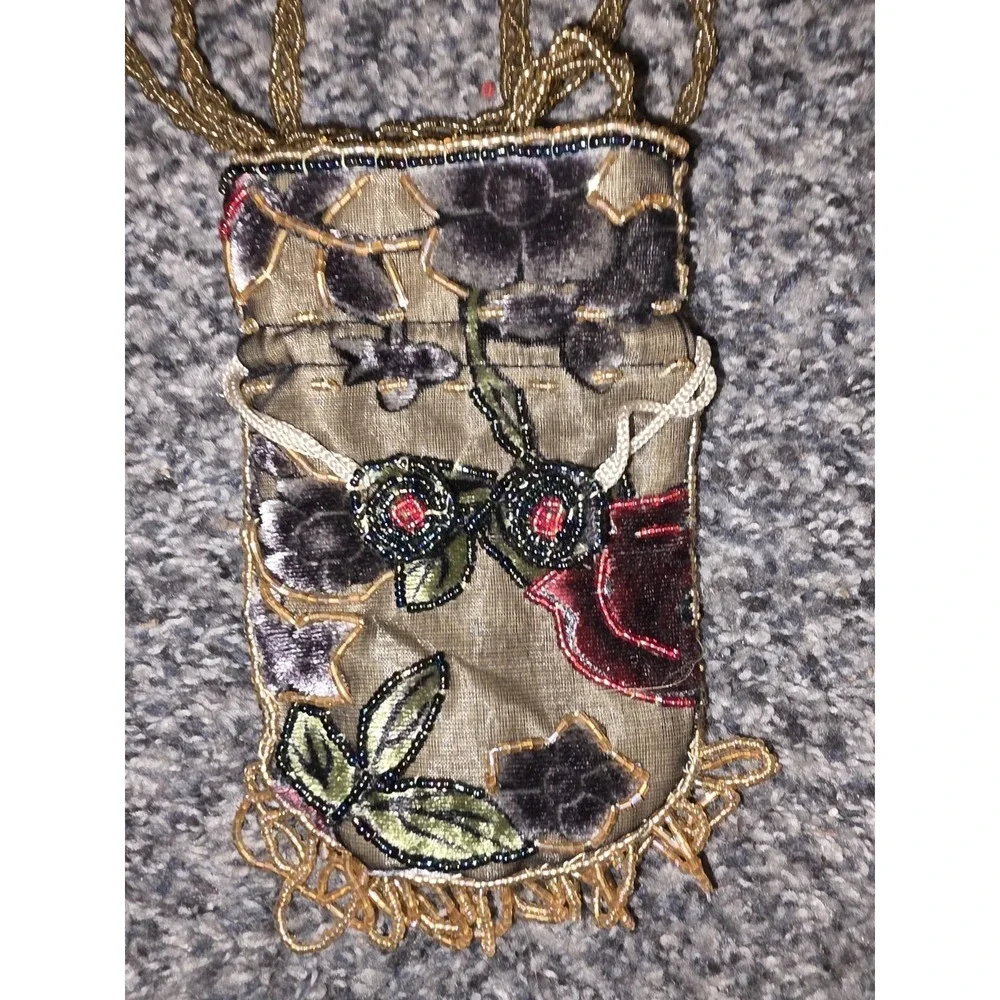 Vintage Style‎ Beaded Drawstring Pouch. Dark Olive Fabric Adorned With Floral...
